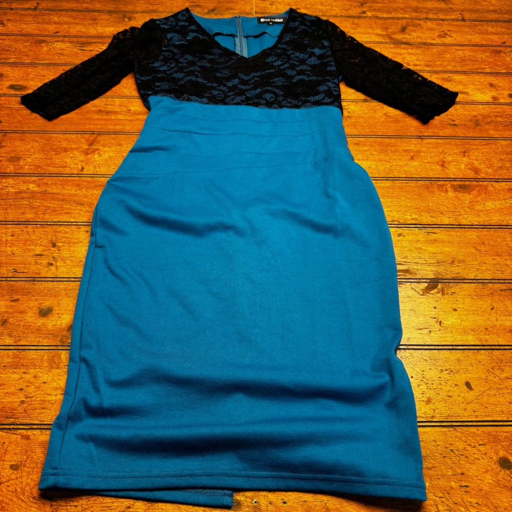 Oxiuli Fashion Teal and Black Lace V-Neck Sheath Dress Size‎ M Midi Bodycon